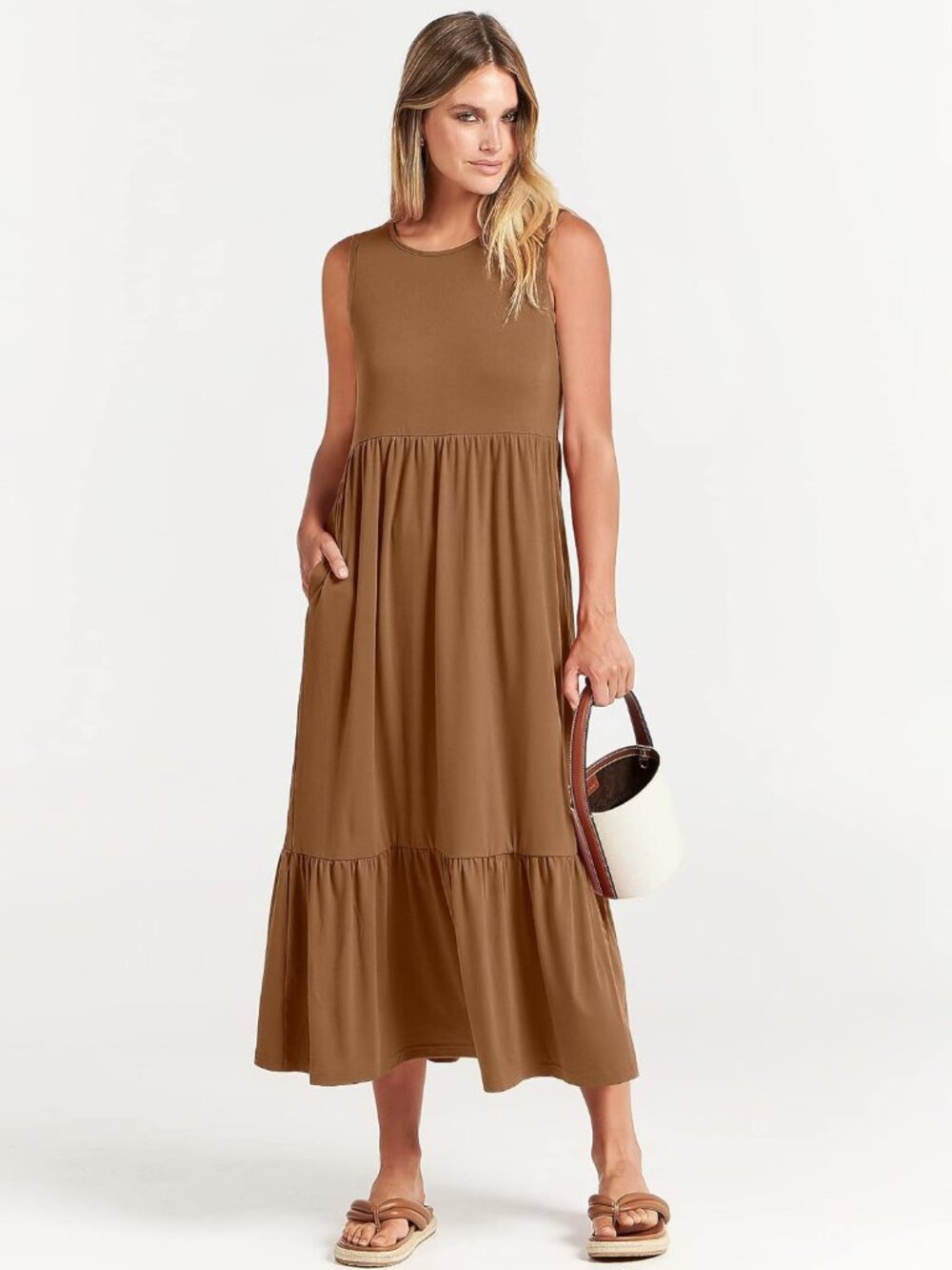 Women's Khaki Crewneck Summer Sleeveless Sundress Aline Flowy Tiered Long Maxi - Picture 2 of 6